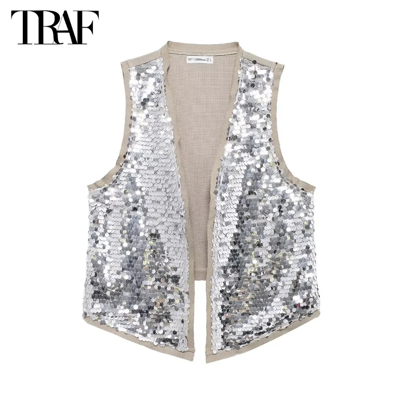 

TRAF 2024 Sequin Sleeveless Vest Women Open Summer Vests for Women Glitter Fashion Female Vest Streetwear Women's Tailored Vest