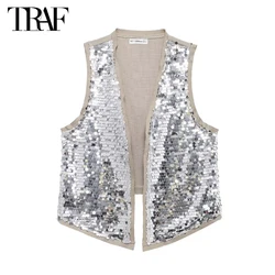 TRAF 2024 Gilet senza maniche con paillettes Donna Gilet estivi aperti per le donne Glitter Moda Gilet femminile Streetwear Gilet su misura da donna