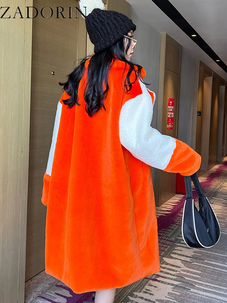 ZADORIN Womens Winter Coat Furry Warm Long Faux Rabbit Fur Coat Women Lapel Spliced White Orange Faux Fur Jacket Trench Coat