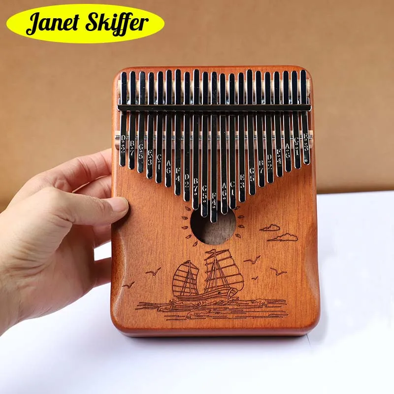 21 Keys Bull Kalimba Portable Thumb Piano Upgraded Handguard Wood Back Pronunciation Hole Keyboard Music Instrument with Sticker