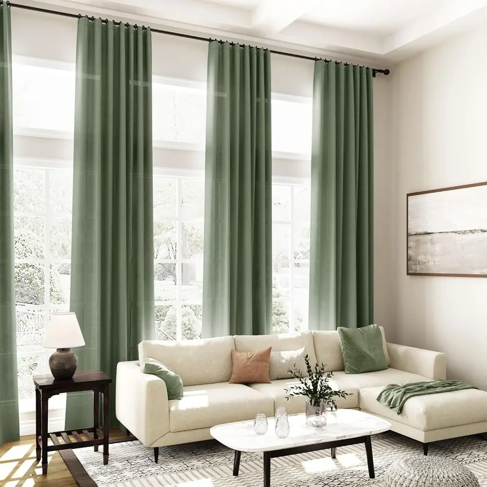 96 halbtransparente olivgrüne Leinenvorhänge, 2-teiliges Set, Rückenlehne, Lichtfilterung, moderner Stil für Zuhause