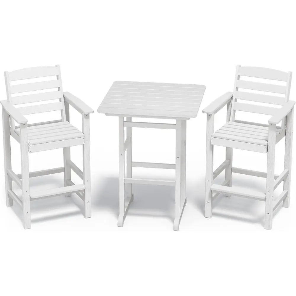 

White Outdoor Bar Chairs and Table Set, 3-Piece Bistro Furniture for Backyard, Poolside