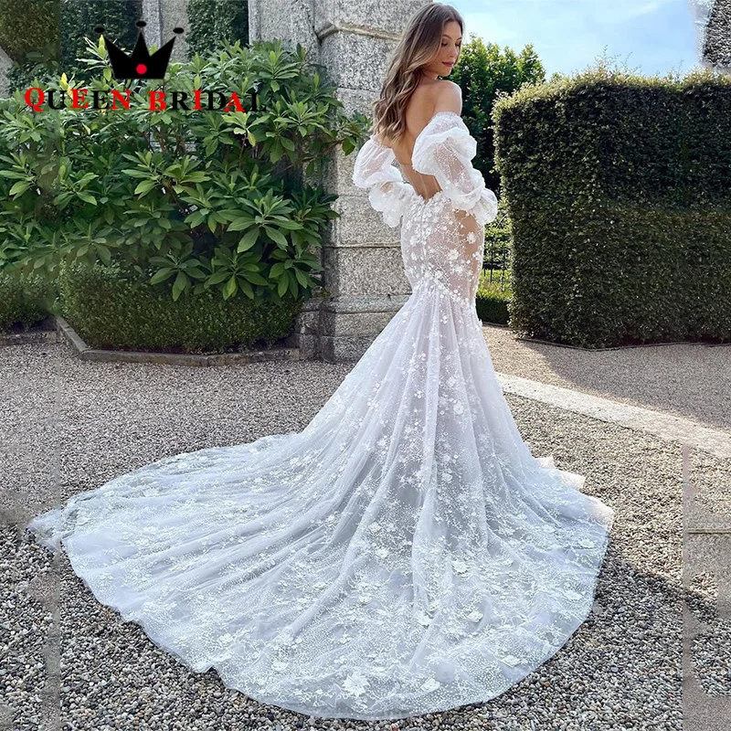 Vestidos De Novia De sirena con apliques De encaje De lujo, mangas largas hasta el suelo, Vestidos De Novia personalizados, J94Q