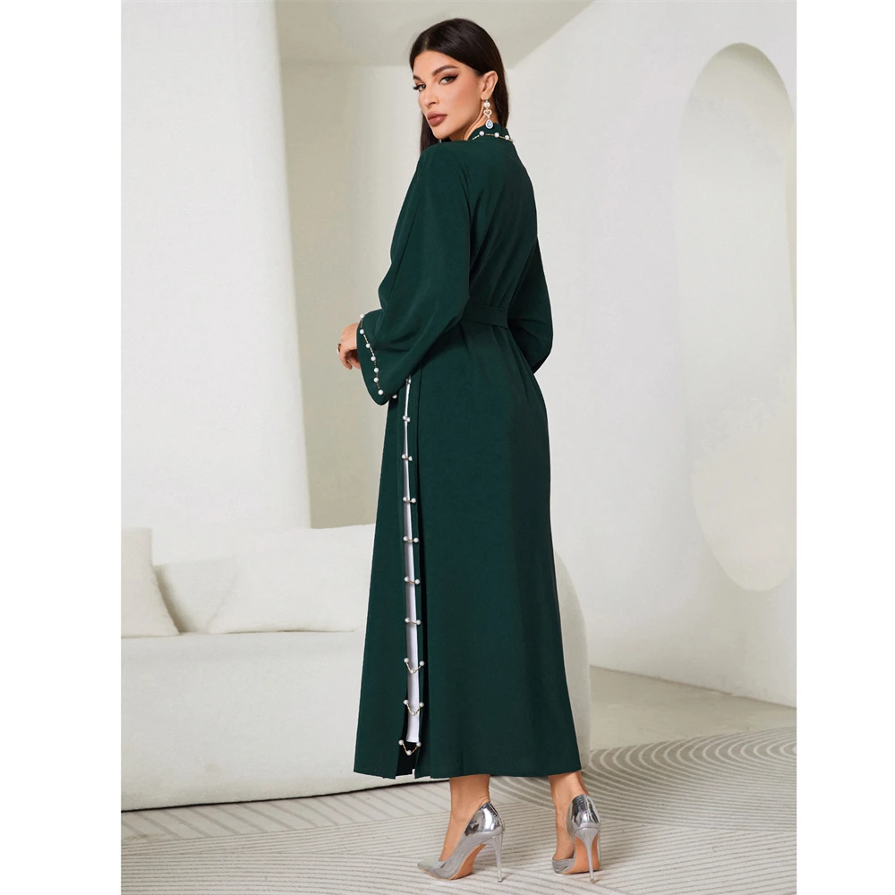 Eid Mubarak Djellaba Femme Longue Musulmane Open Abaya Dubai Turkey Kaftan Muslim Women Beaded Maxi Dress Kimono Jalabiya Robe