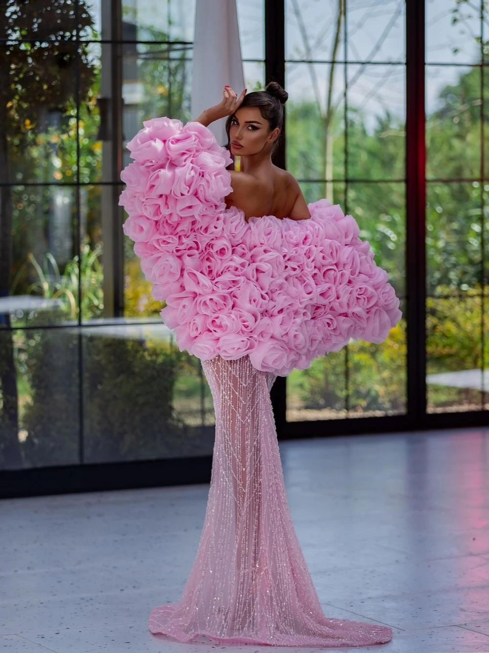 Luxury Beaded Mermaid Evening Dress With 3D Flower Shawl Sexy Deep V-neck Wedding Party Gowns Elegant Pink Prom Gown Customized