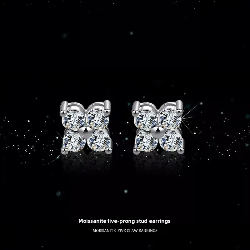 S925 Silver Platinum-Plated 1CT D Color 5-Prong Four Leaf Clover Moissanite Stud Earrings Fine Jewelry