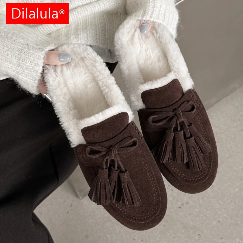 

Dilalula 2026 Newest Genuine Cow Suede Wool Tassel Mules Women Covered Round Toe Med Heels Warm Leisure Winter Slippers Female