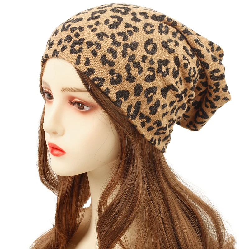 New Women Autumn Winter Leopard print Warm Beanies Skullies Adult Casual Outdoor Sport Hat Soft Brand Knit Cotton Female Bonnet