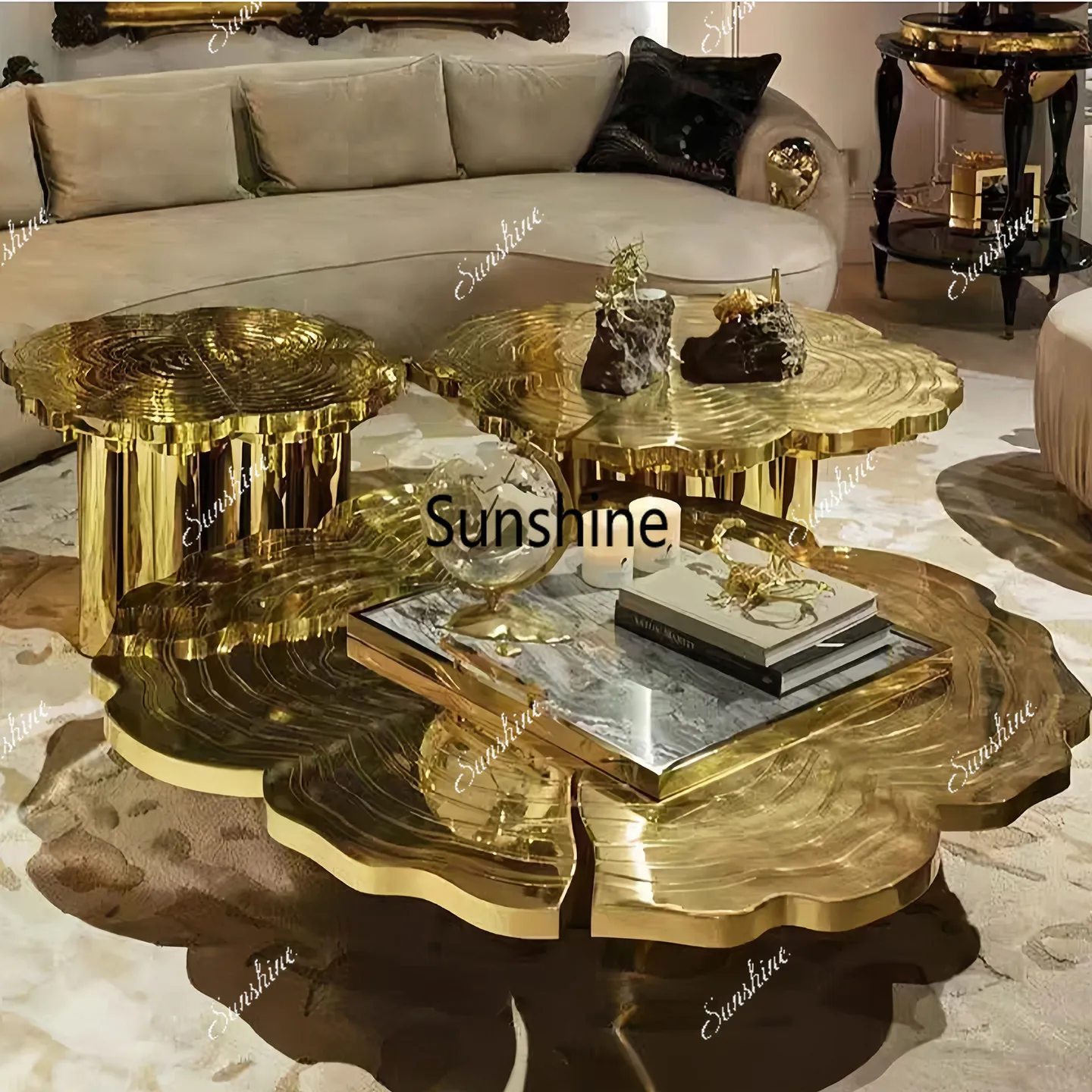 

Small apartment living room household villa high-end special-shaped metal creative tea table round