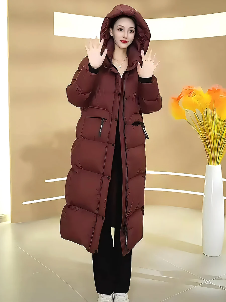 Elegante Piumino Casual di Alta Gamma Bianco da Donna, Cappotto Lungo con Cappuccio e Collo Alto, Novità Invernale