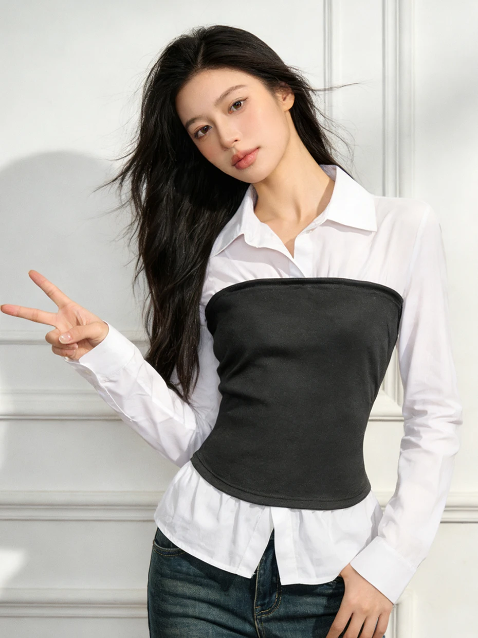 

Slim Fit Color Block Long Sleeve Shirt Women's Spring Commute Style Waist Cinching Slimming Design Casual Business Shirt