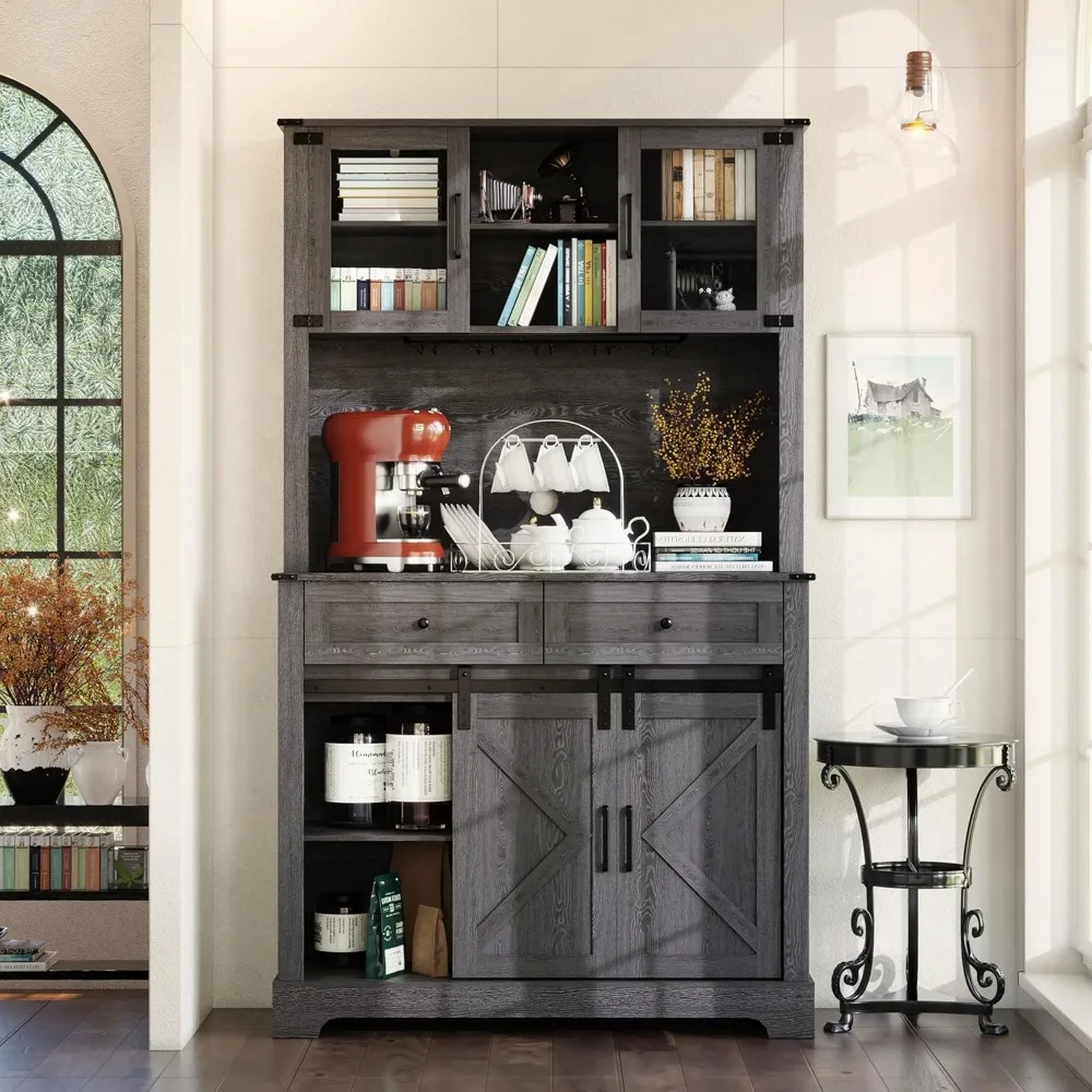 Wine Bar Cabinet with Sliding Barn Door, 72" Hutch Cabinet with Wine&Glasses Rack, Kitchen Pantry Buffet Cabinet with Drawers