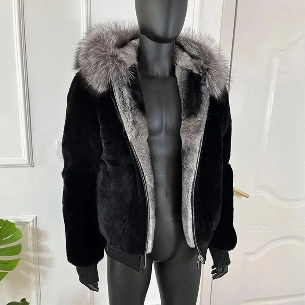 Men Luxury Chinchilla Coat Real Rex Rabbit Fur Jacket with Fox Fur Trim Winter Natural Fur Warm Outwear Fashion Genuine Fur Coat