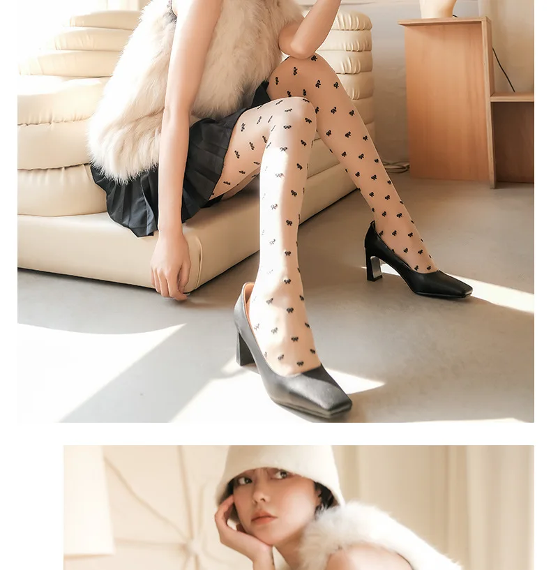 Super Hot Tights Woman Bow Pantyhose Sweet Ultra-Thin StockingsTranslucent Jacquard High Elastic Jk Black Silk Summer T-Crotch