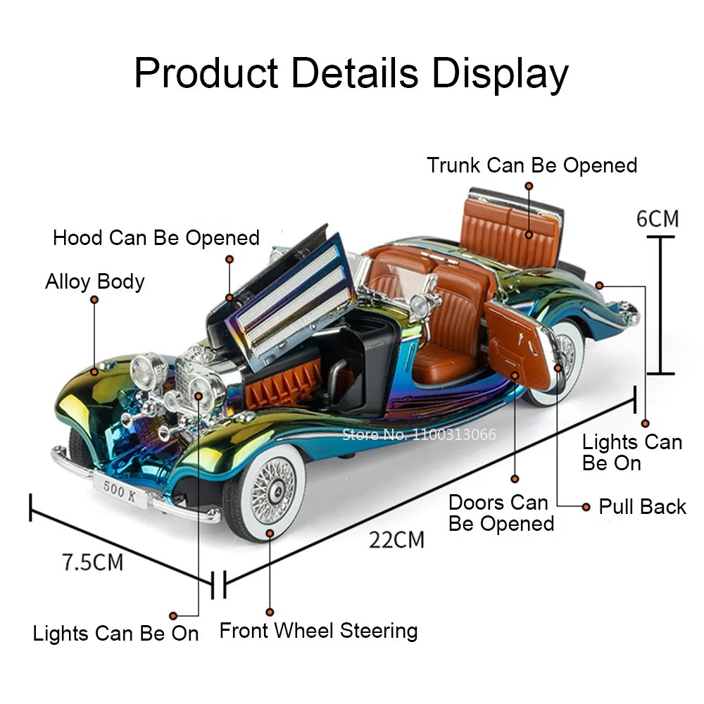 1:24 500K 300SL coches de juguete modelos con luz extraíble sonido puertas de vehículos abiertos coche Vintage en miniatura niños regalos del Día de los niños