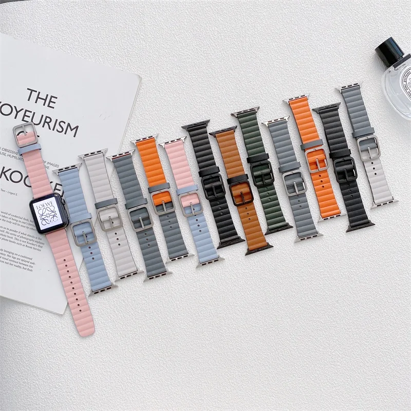 Bracelet en cuir Double couleur pour Apple Watch, simple et élégant, boucle carrée, pour Apple Watch série 7/6/5/4/se/3/2/1 (38MM /40MM /41MM)