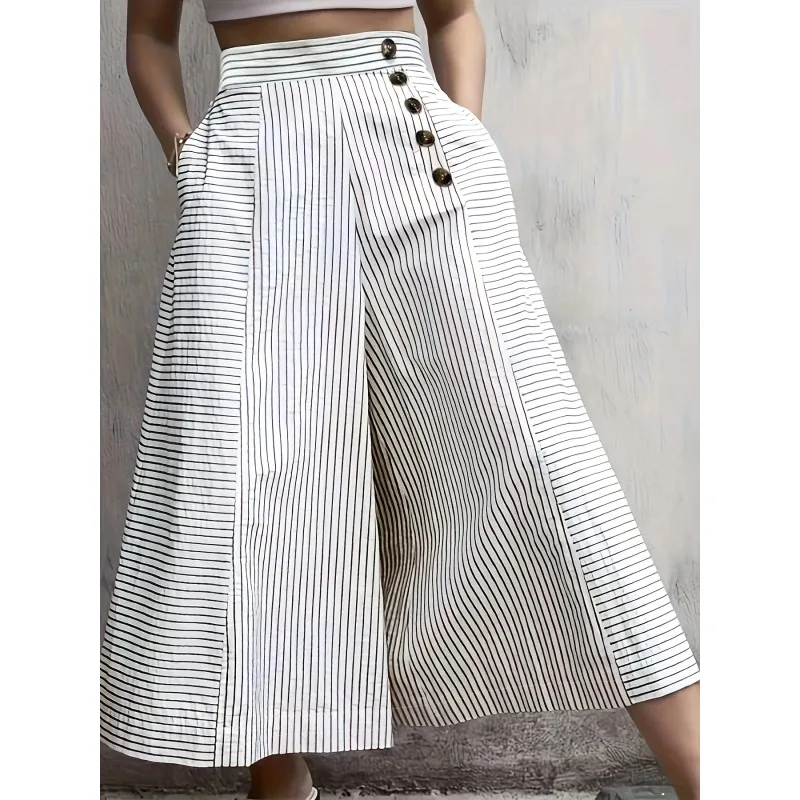 

Plus Size 1XL-5XL Women High Waist Striped Pants Fashion Retro Wide Leg Trousers Casual Buttons Loose Elegant Party Pantalones
