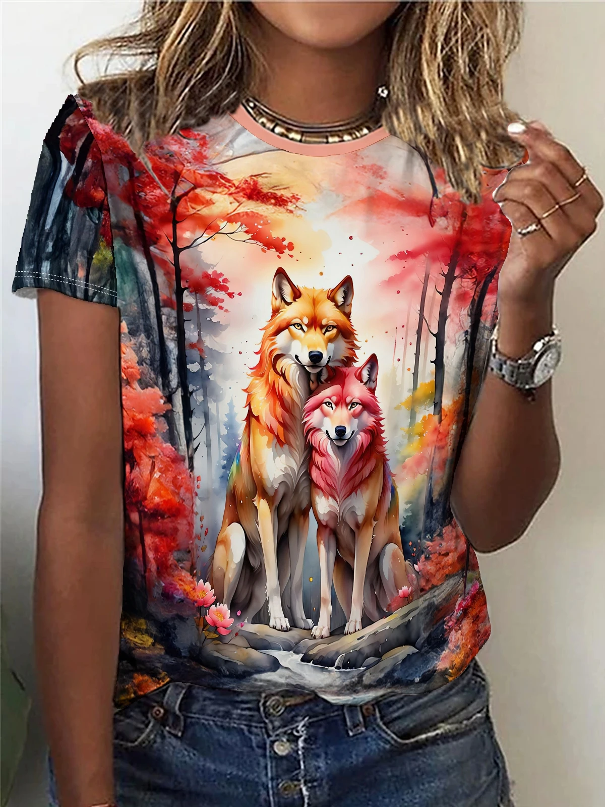 Double Wolf Print T-shirt, Casual Crew Neck Short Sleeve Top For Spring & Summer, Women\'s Clothing