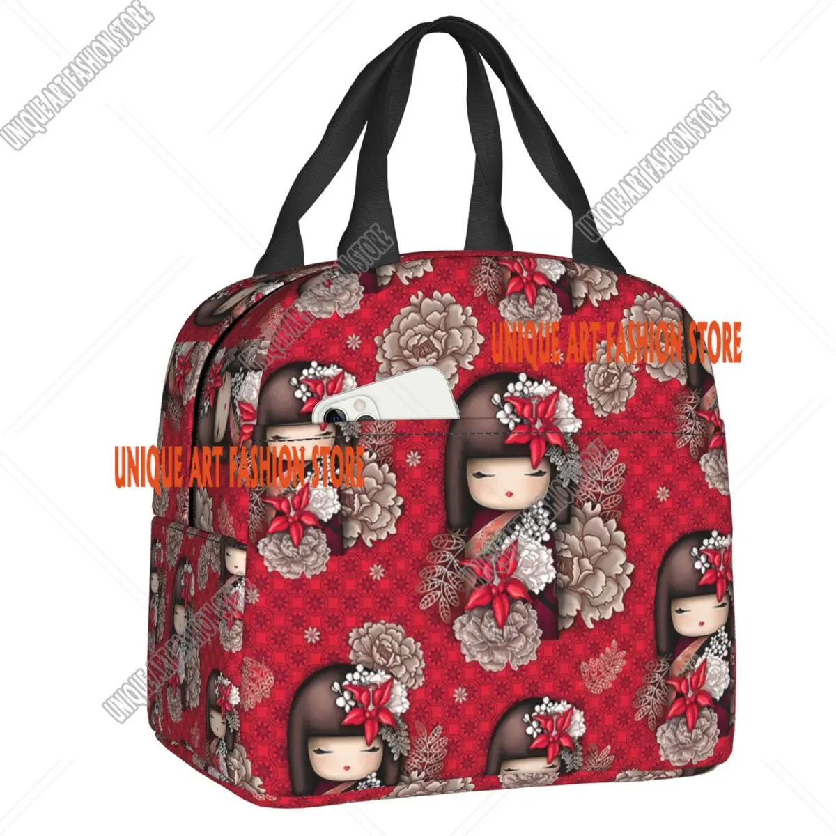 Borsa da pranzo isolata giapponese per bambola Sakura Kokeshi rossa personalizzata per le donne Bento Box termico a tenuta stagna per bambini in età scolare