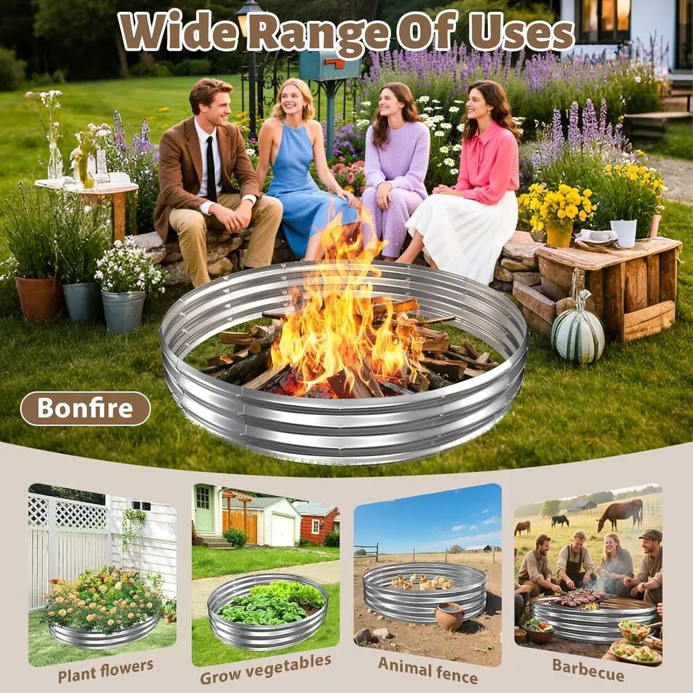 Large 6ft Diameter Galvanized Steel Fire Pit - Heavy Duty Silver Campfire Ring for Backyard & Camping