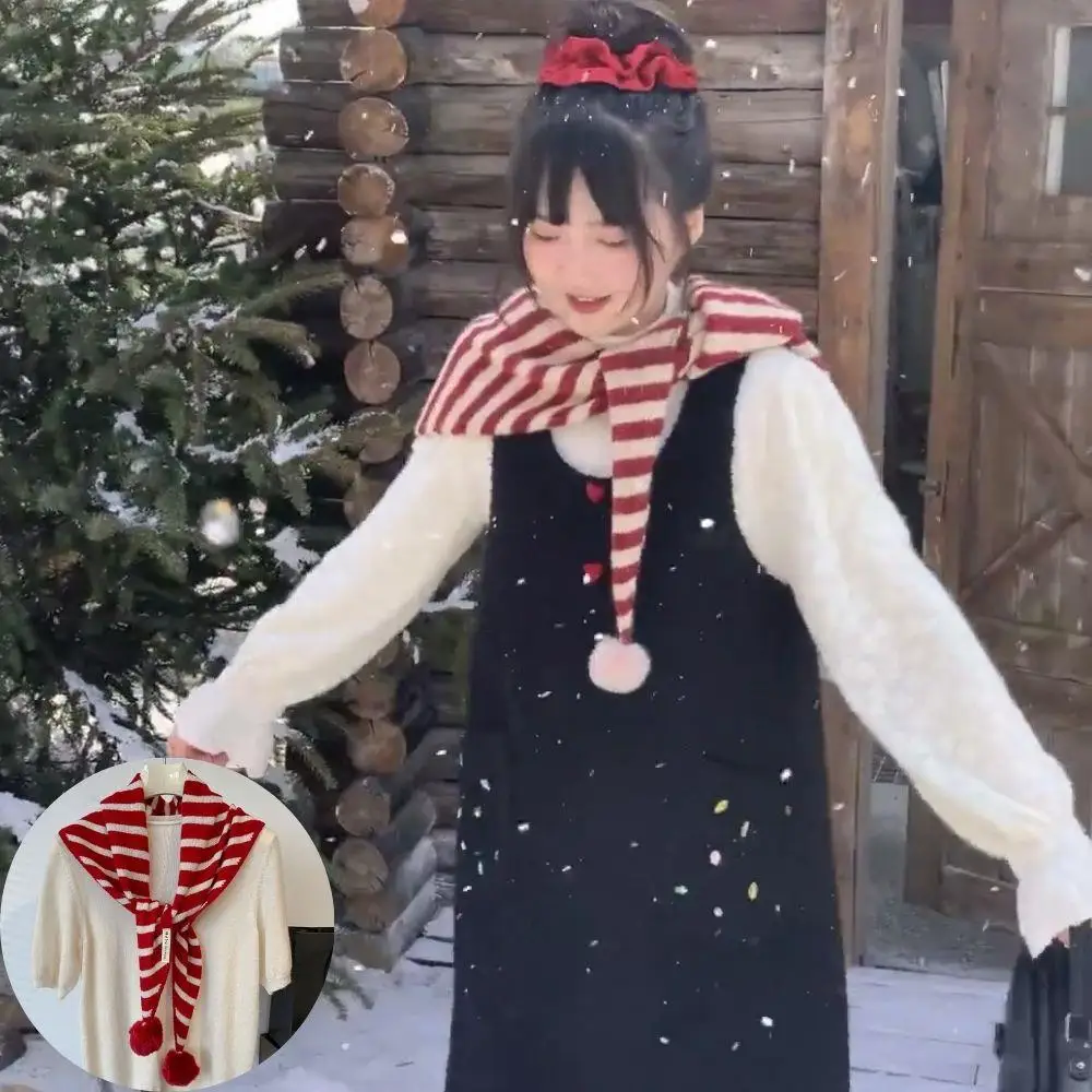 

Корейский шерстяной треугольный шарф, мягкий вязаный полосатый треугольный шарф, модный уличный теплый вязаный платок, съемный меховой шаль с помпоном