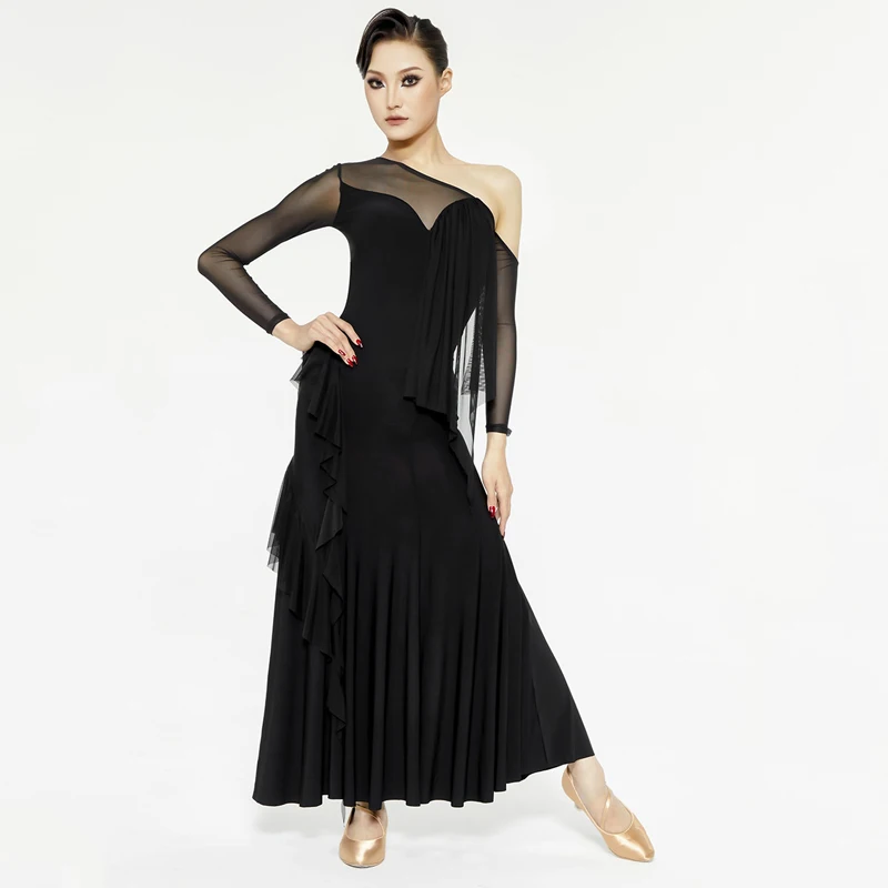 Ballroom Dance Dress For Women Slanted Shoulders With Floating Lotus Leaf Edges Latin Dress Adult Waltz Latin Costumes DQS17125