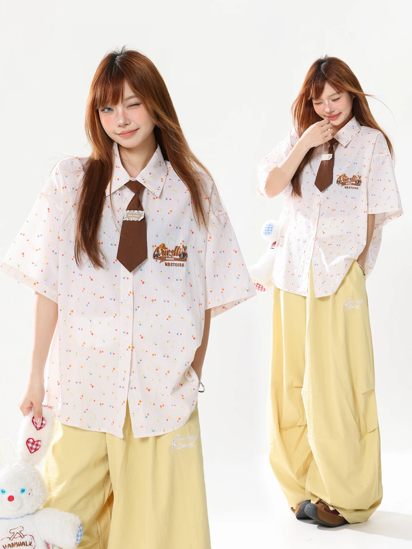 

AONW Vintage Floral Print Short Sleeve Loose Women's Shirt Summer College Style Lazy Sweet Girl Versatile Top Cotton Blend