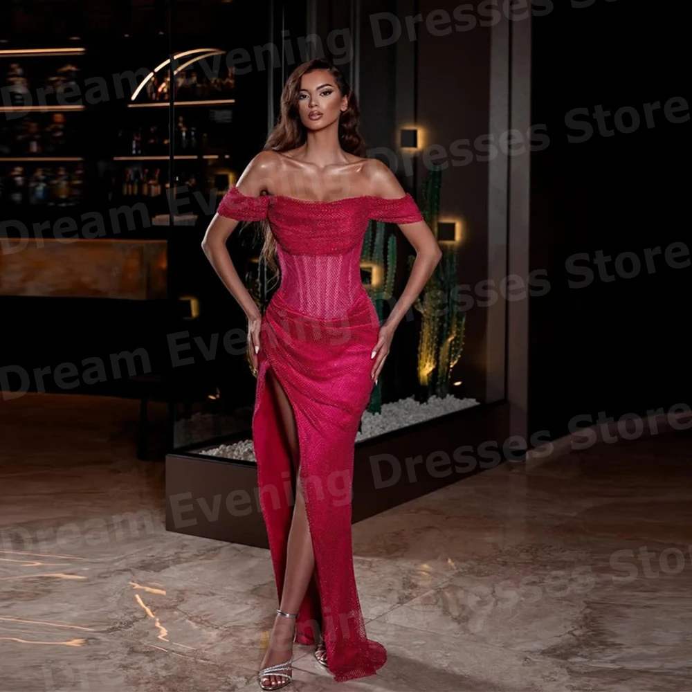 

Sexy Shiny Mermaid Women's Evening Dresses Customized Vestidos De Fiesta Off The Shoulder Prom Gowns Side Slit Robes De Soirée
