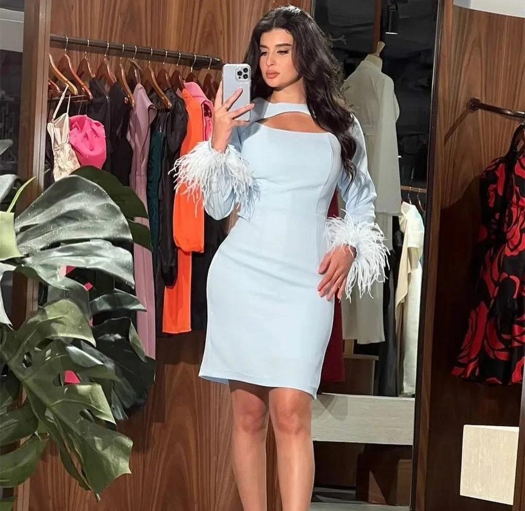 

2024 O-Neck Formal Evening Dress Light Blue Sheath Mini Satin With Feather Long Sleeve Custom Made Women Short Party Dress Robe