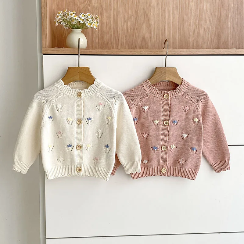 

Toddler Boy Girl Knitted Sweaters with Embroidered Flowers Newborn Cardigan 0 To 3 Year Old Baby Knit Coat Infant Casual Outwear