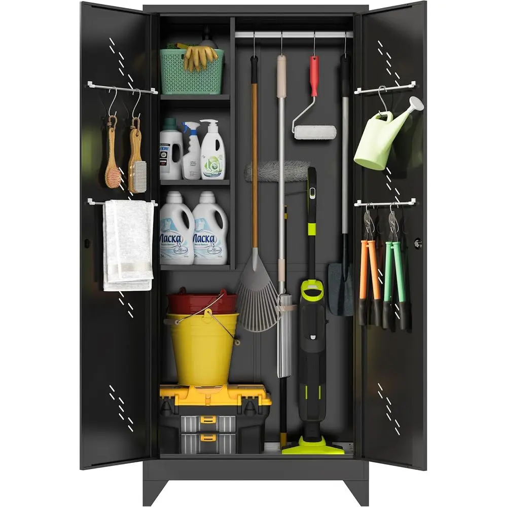 

75-Inch Metal Utility Storage Cabinet with Hanging Rod and 2 Doors for Garage and Cleaning Tools