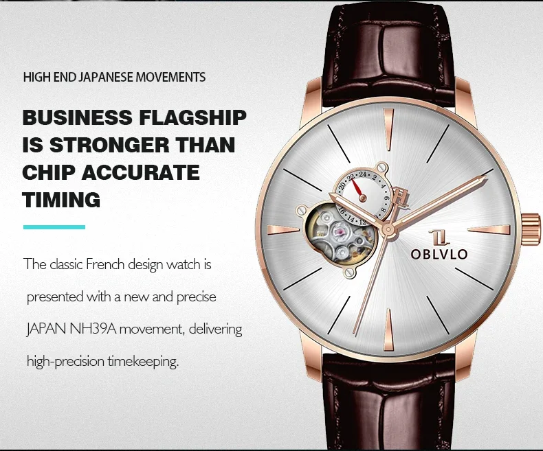 Reloj Automático OBLVLO para hombre, reloj de pulsera mecánico de 40MM, luminoso, resistente al agua hasta 5ATM, esfera con mecanismo al descubierto con espejo de zafiro y burbuja