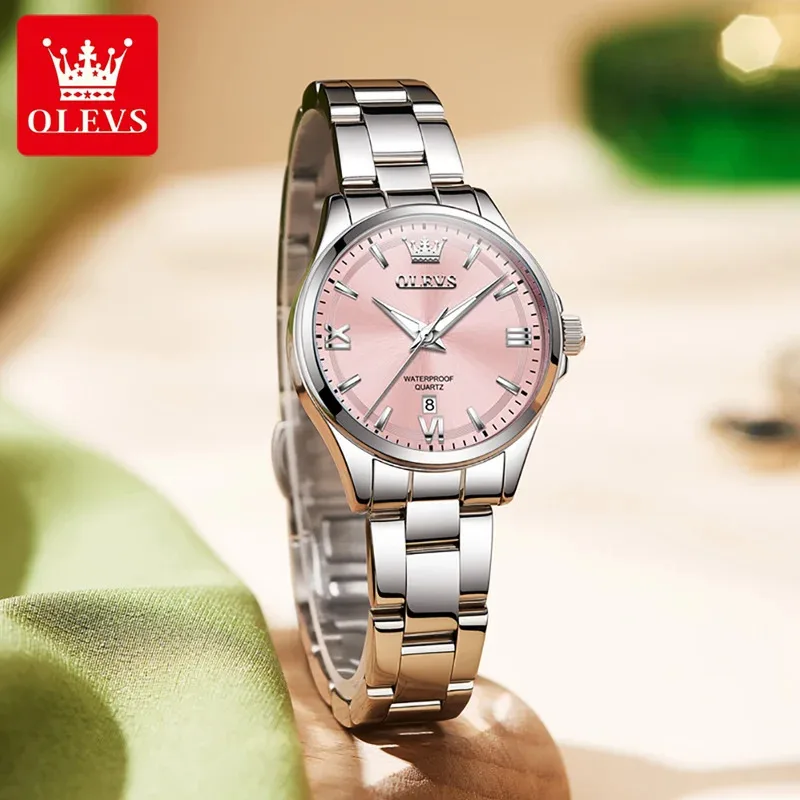 OLEVS 3668 ساعة نسائية فاخرة أصلية مقاوم للماء ساعة كوارتز من الفولاذ المقاوم للصدأ تاريخ تلقائي روماني ساعة نسائية Reloj Para Mujer