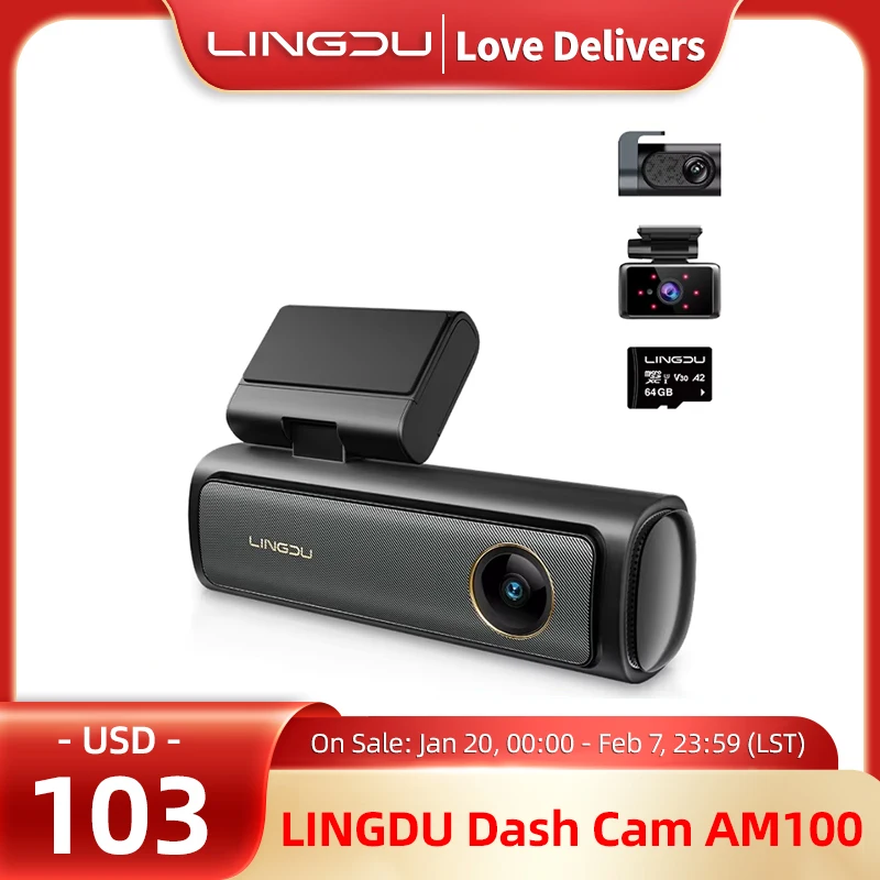 LINGDU AM100 3 Channel Dash Cam for Car DVR 4K Front and Rear Dash Camera Built in GPS 5GHz WIFI Video Recorder with 64GB Card