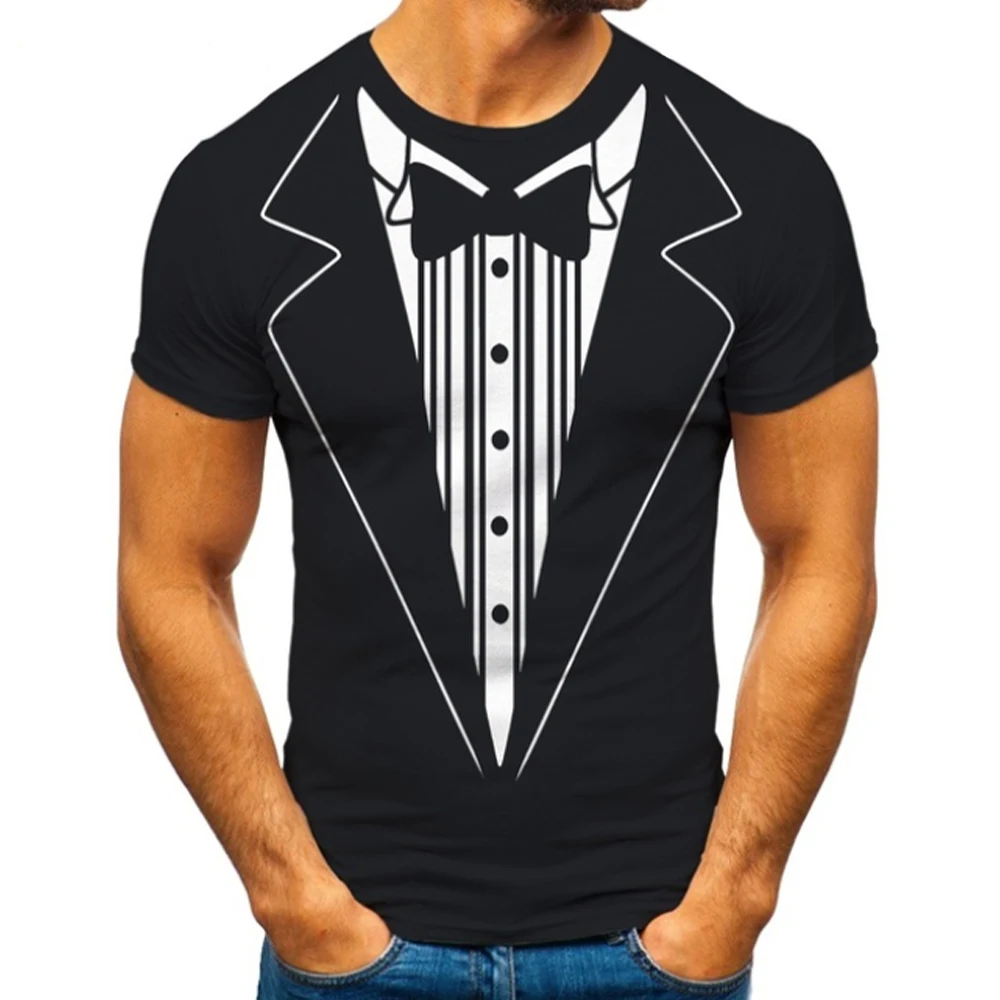 Bow Tie T-shirt Tuxedo Retro Tie Suit 3D Print T Shirts Funny Fake Suit Tops Men Oversized Short Sleeve Harajuku Streetwear Tees