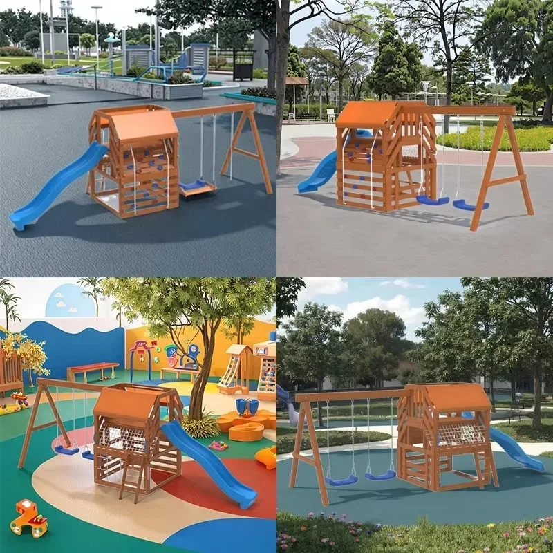 معدات الملعب في الهواء الطلق متعددة الوظائف للأطفال إطار التسلق مجموعة أرجوحة ملعب خشبي #5