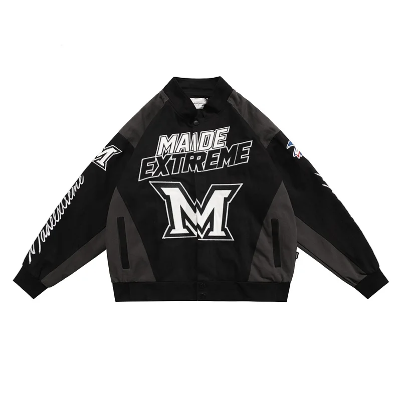 American hiphop embroidered motorcycle baseball jacket, men's and women's ins high street patchwork jacket, racing suit