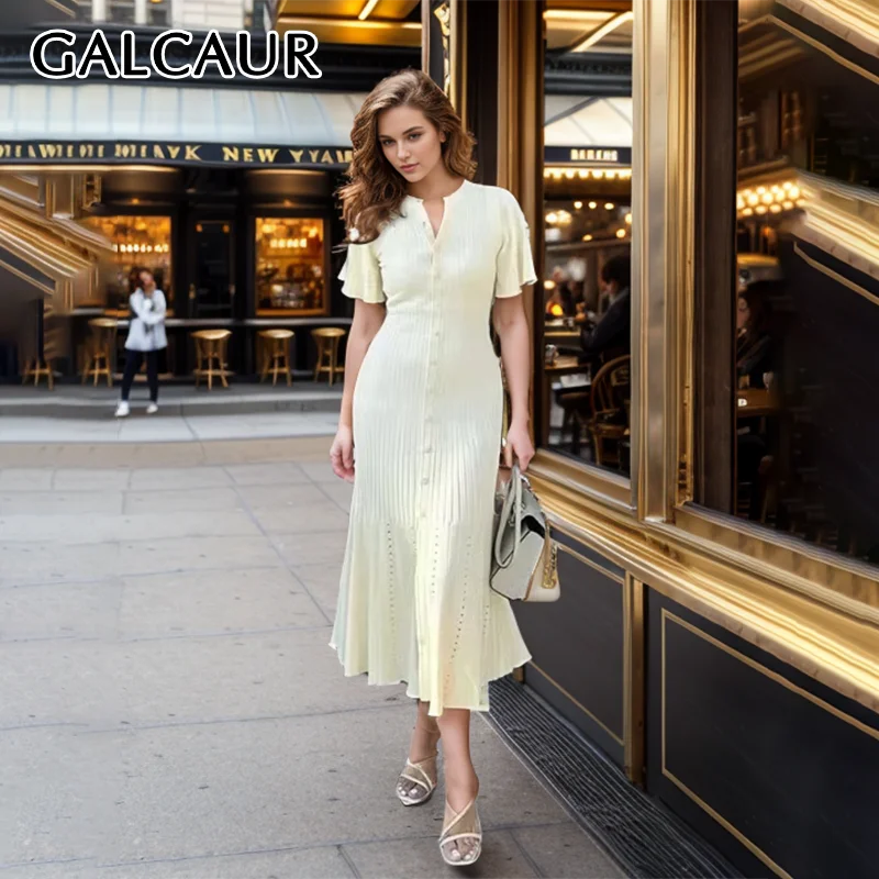 

GALCAUR Knitted Beige Dresses For Women O Neck Short Sleeve High Waist Single Breasted Loose Casual Spring Long Dress Female New