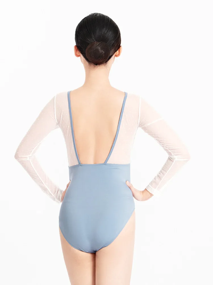 Backless Long Sleeve Mesh Patchwork Slim Fit Romper for Women, Ballet Dance Stage Bodysuit, Modern Performance Wear