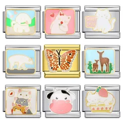 Cute Pink Cat Puppy Cow Animal Italian Charm Links Fit 9mm Stainless Steel Bracelet Jewelry DIY Making Jewellry For Gift