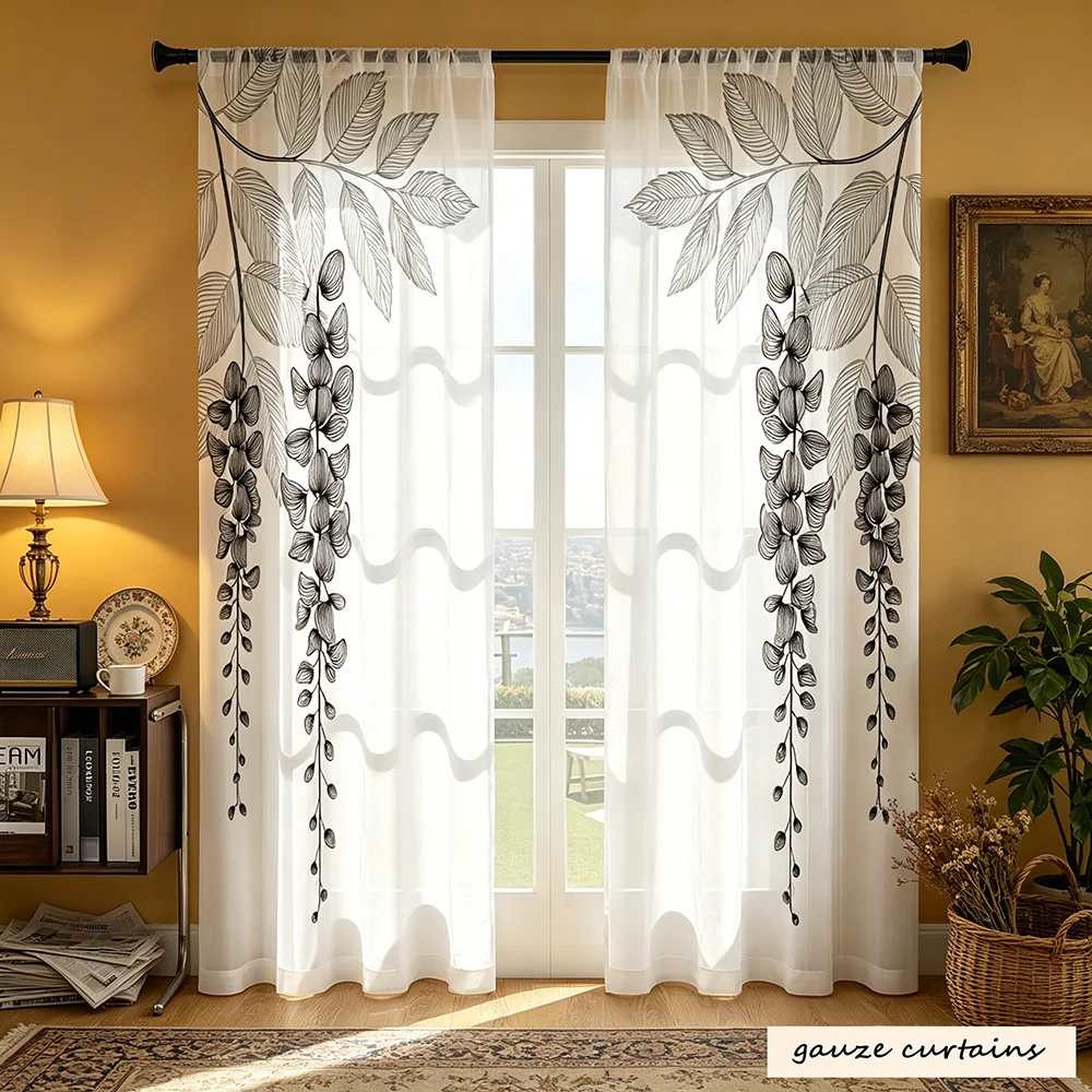 2PCS Digital Printed Sheer Curtains, Black Line Wisteria Pattern, Minimalist Nordic Style for Living Room Sheer Window Decor