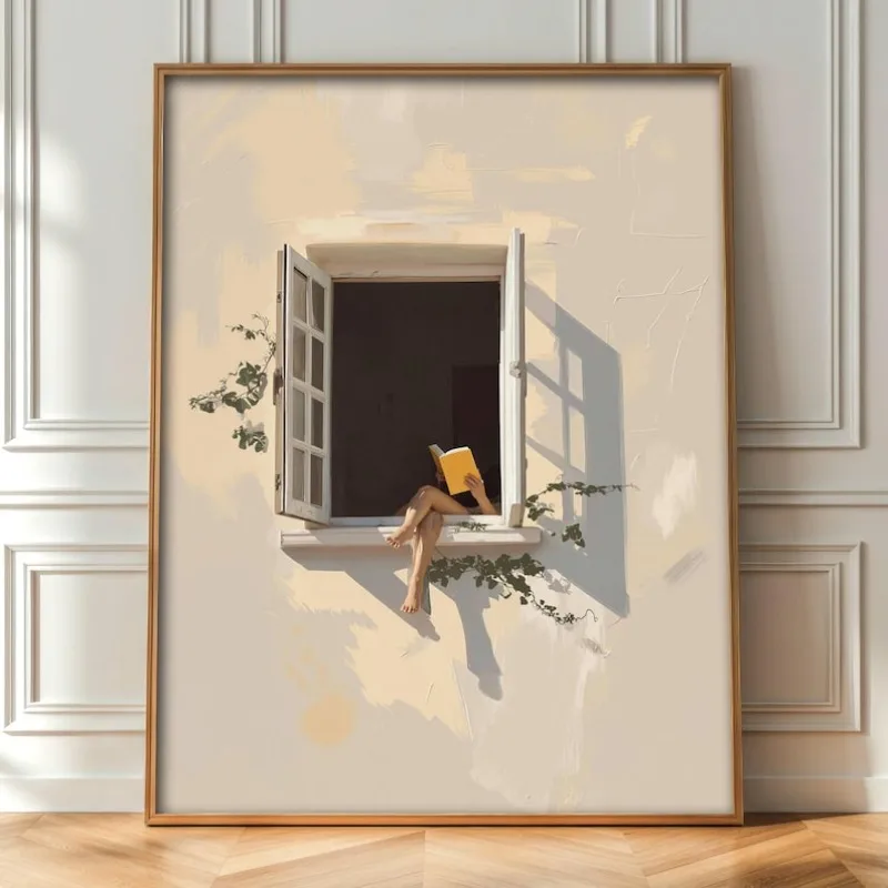 1pc Modern Reading Book in Window Canvas Poster, Frameless Minimalist Wall Art Poster for Living Room and Bedroom Decortions