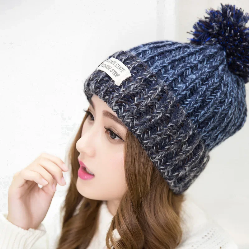 Korea Winter Labeling Wool Hat Women Patch Thick Warm Skullies Beanies Hats Multi-color Knitted hat Female Bonnet Beanie Caps