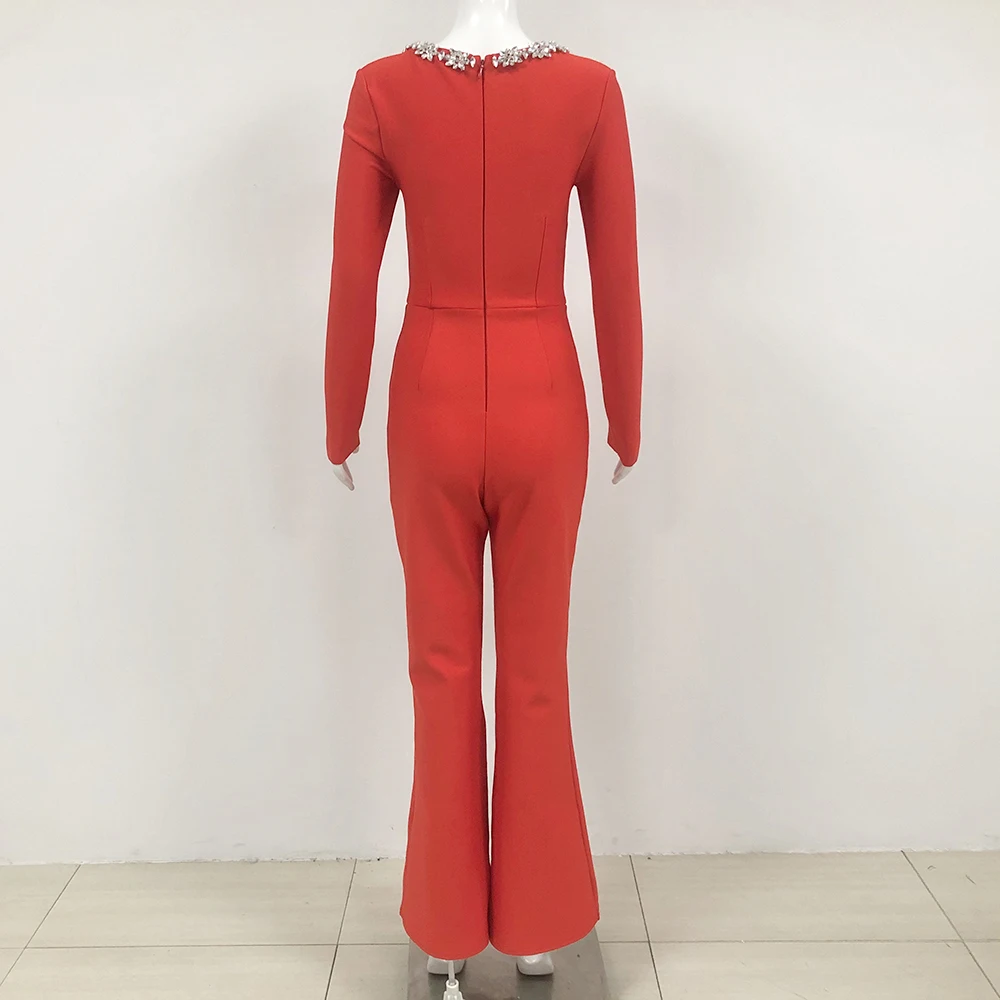 GORAFASHION Fashionable Rhinestones Diamond Hollow Red Color Bandage Jumpsuit Woman Lady Office Wear Jumpsuits For Women