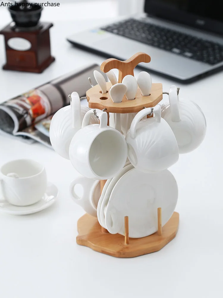 Nordic Creative ceramics Coffee cup Tea set Wooden storage rack Spoon Plate combination Afternoon tea set cup room decoration