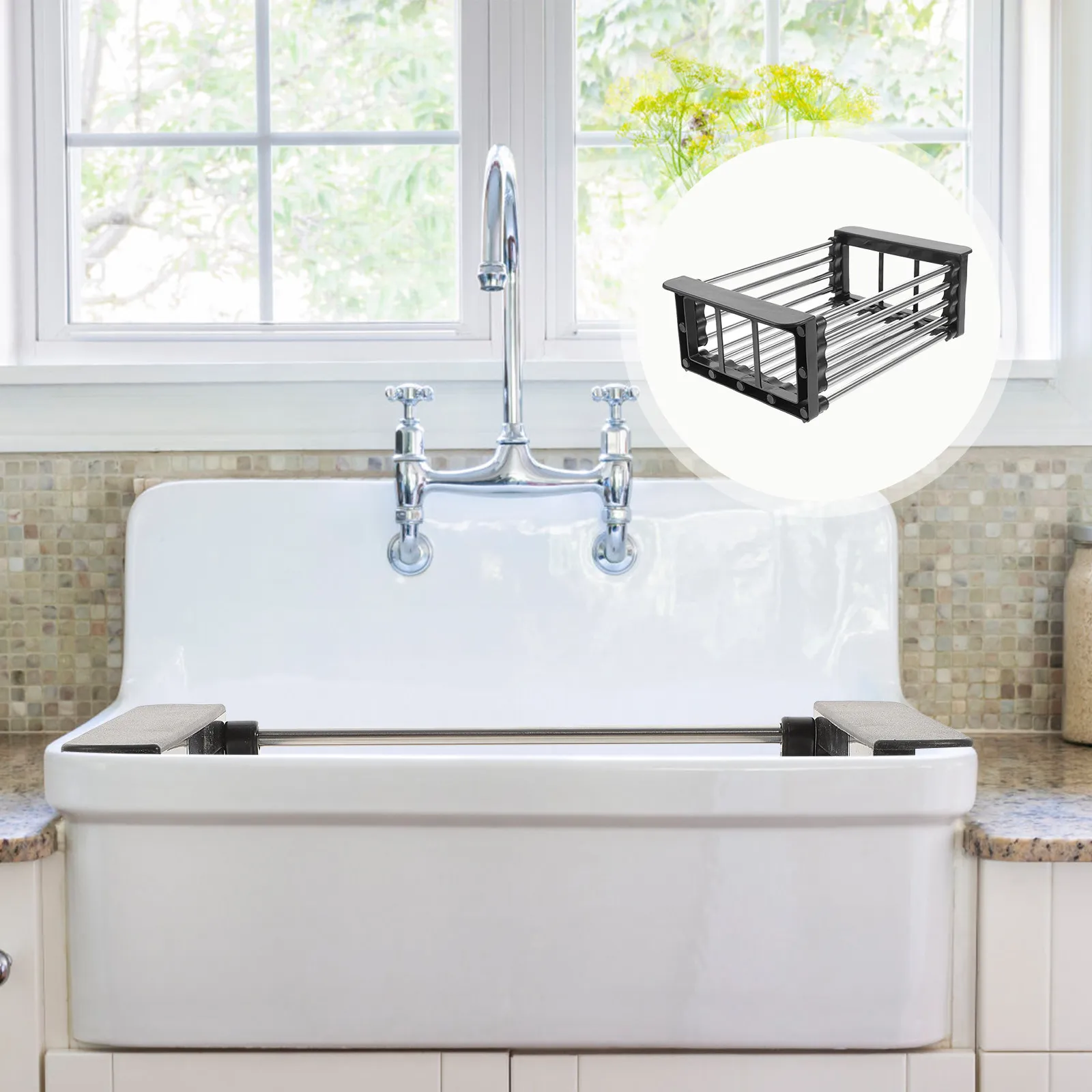 

1Pcs Kitchen Drain Rack Retractable Stainless Steel Silicone Sink Shelf Foldable Storage Shelf with Non-Slip Handle