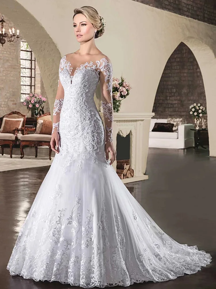 Appliques Vestido De Noiva Sexy Backless Sirena Abiti da sposa Manica lunga Abito da sposa Personalizzato Pizzo Robe De Mariée