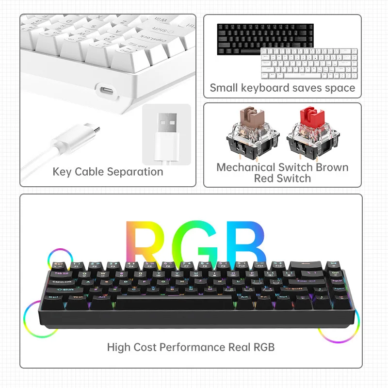 K68 Wired RGB Mechanical Keyboard 68 Keys English Thai Keyboard Blue Switch Red Switch Tea Switch Hot Swappable Gaming Keyboard