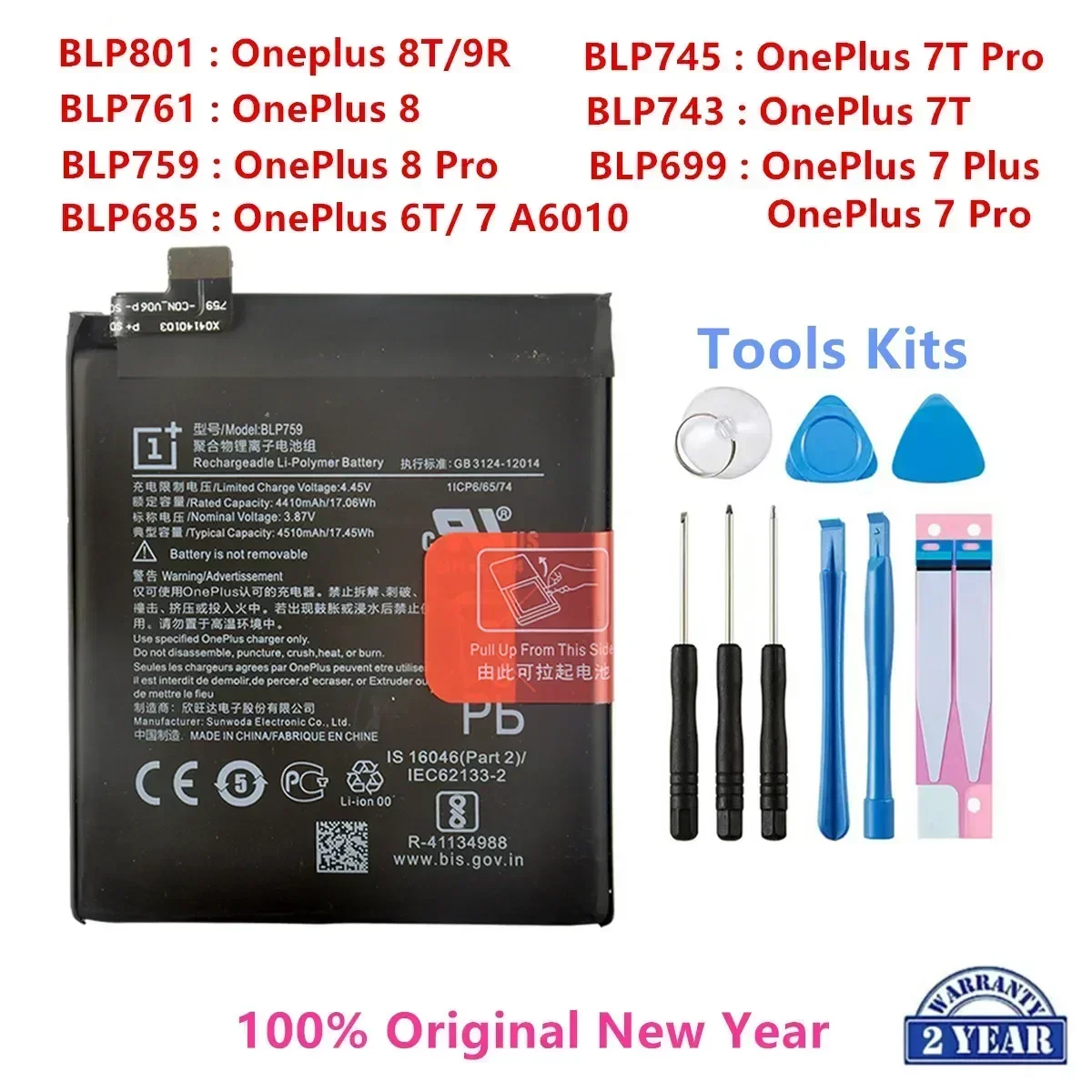 

Orginal BLP801 BLP761 BLP759 BLP745 BLP743 BLP699 BLP685 Battery For OnePlus 8T/9R/ 8 /Pro/8/7T Pro/7T/ 7 Pro/6T / 7 A6010