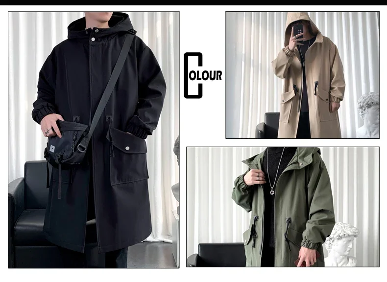 Trenchcoat Herren Neue Mode Armeegrüner Überzieher Männer Casual Windbreaker Einfarbiger Langer Mantel Herren Herbst Homme Schwarz/Khaki/Armeegrün – Detail 1